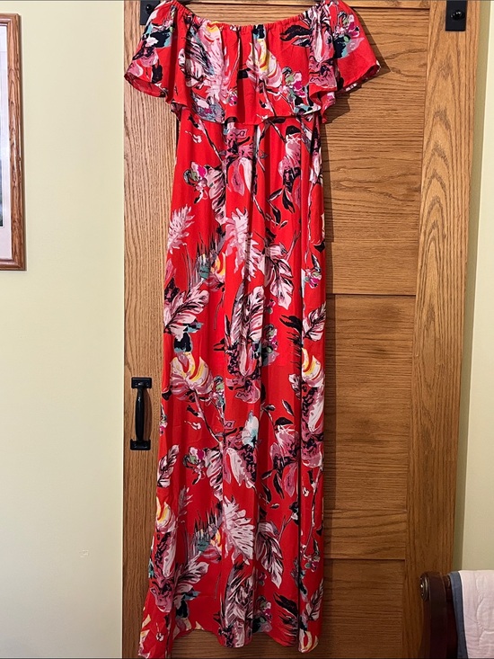 She + Sky Dresses & Skirts - She + Sky Red Floral Off-Shoulder Maxi Dress